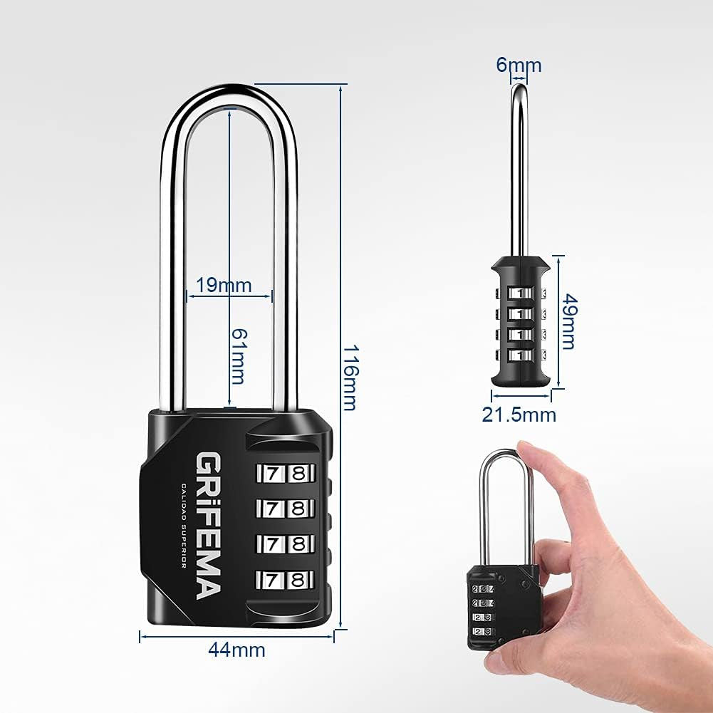 GRIFEMA 2 Pack Combination Lock 4 Digit with Long Shackle - Padlock Weatherproof Frost-Proof Lock with Combination Code Zinc Alloy Robust, Safe, Locks for Locker, Garage, Gate, School, Suitcase