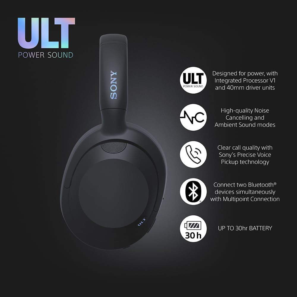 Sony ULT WEAR Over Ear Wireless Noise Cancelling Headphones with ULT POWER SOUND, Ultimate Deep Bass, Clear Call Quality, Up to 30hr Battery Life, Alexa & Google Assistant, IOS & Android - Black