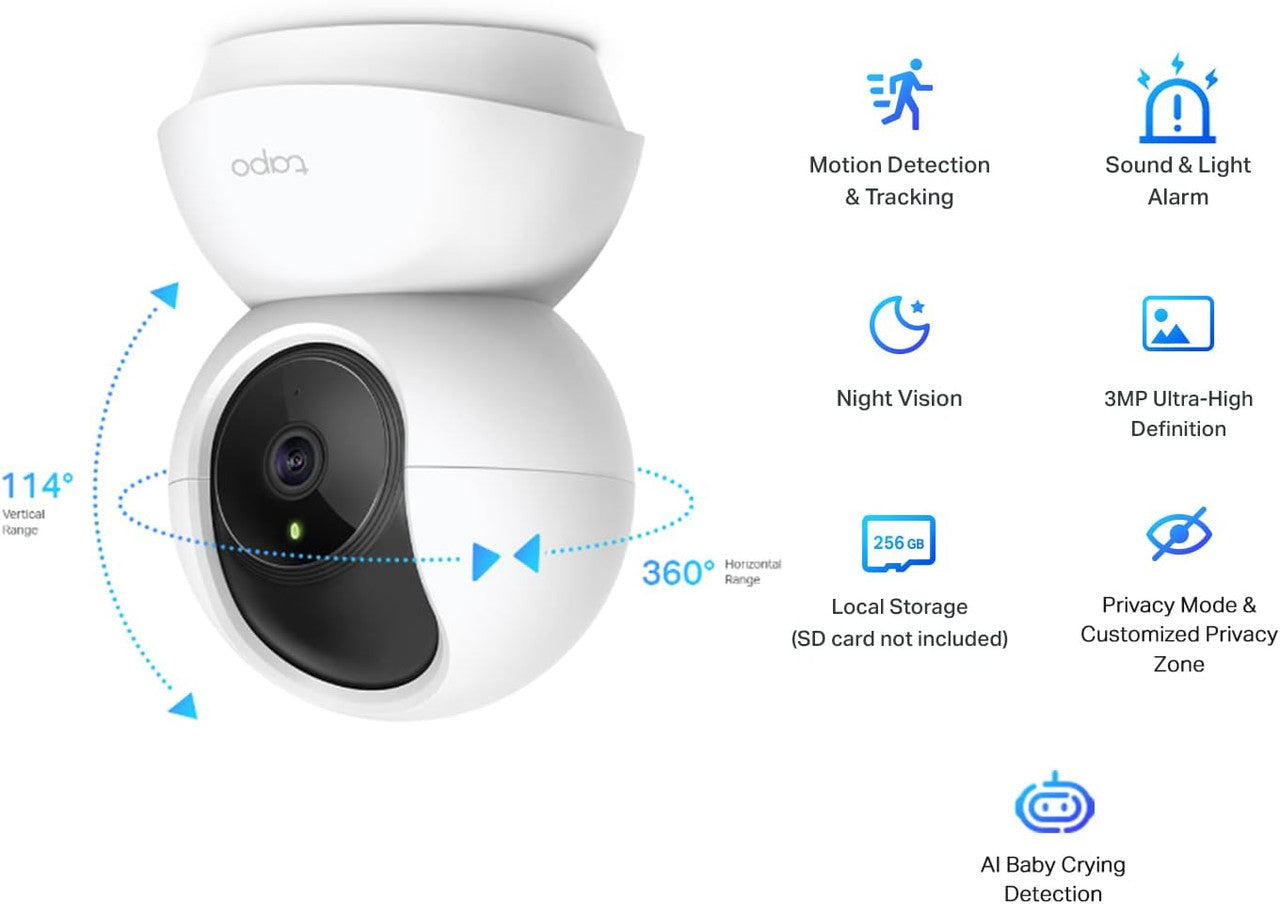 Tapo 2K Pan/Tilt Home Security Wi-Fi Camera, 360° horizontal and 114° vertical range,AI&Baby Cry Detection, 2way audio, Cloud &SD Card Storage up to 256 GB,work with Amazon Alexa&Google (Tapo C210P2)