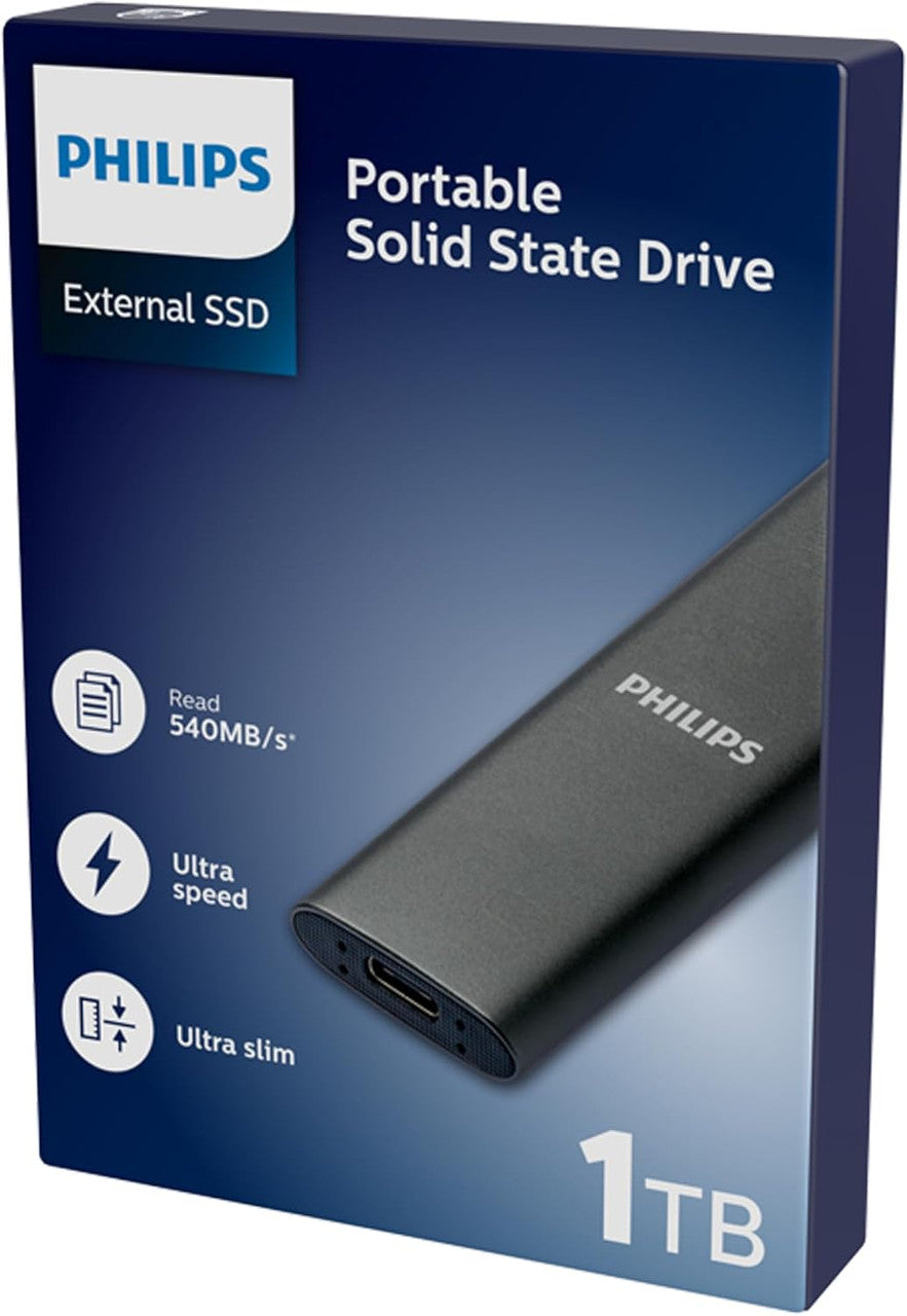 Philips Portable External SSD 1TB - Ultra Slim SATA Ultra Speed USB-C - USB, Read Speed up to 540MB/s, Write Speed up to 540MB/s, Aluminum