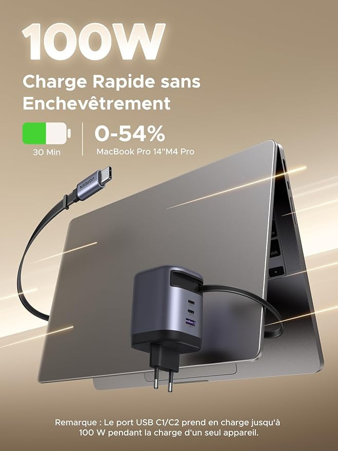 UGREEN Nexode 100W USB C Fast Charger with Built-in Retractable Cable GaNInfinity Compatible with MacBook Pro Air iPhone 17 Pro Max Air 16 Plus 15 14 13 12 Galaxy S25 Ultra S24 S23 Pixel 9 8 iPad