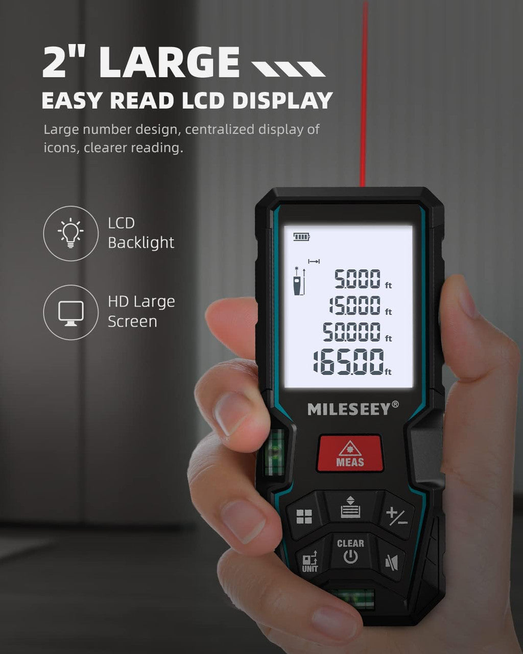 Laser Measure Device 50M, MiLESEEY Laser Distance Meter With 2 Spirit Level Bubbles, ±2mm Accuracy, 2 inch LCD Backlight, Pythagorean Mode, Measure Distance, Area/Volume Calculation