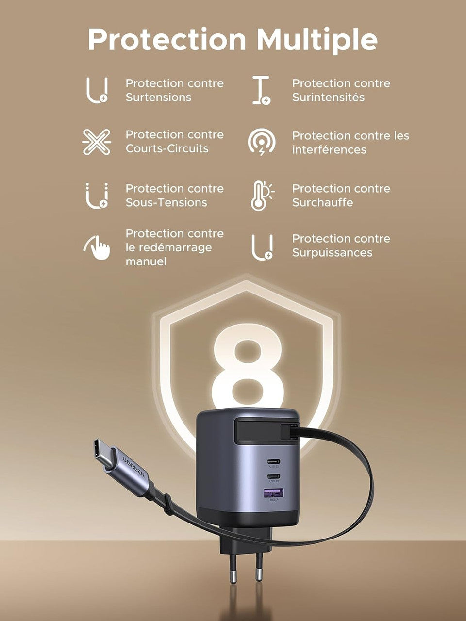 UGREEN Nexode 100W USB C Fast Charger with Built-in Retractable Cable GaNInfinity Compatible with MacBook Pro Air iPhone 17 Pro Max Air 16 Plus 15 14 13 12 Galaxy S25 Ultra S24 S23 Pixel 9 8 iPad