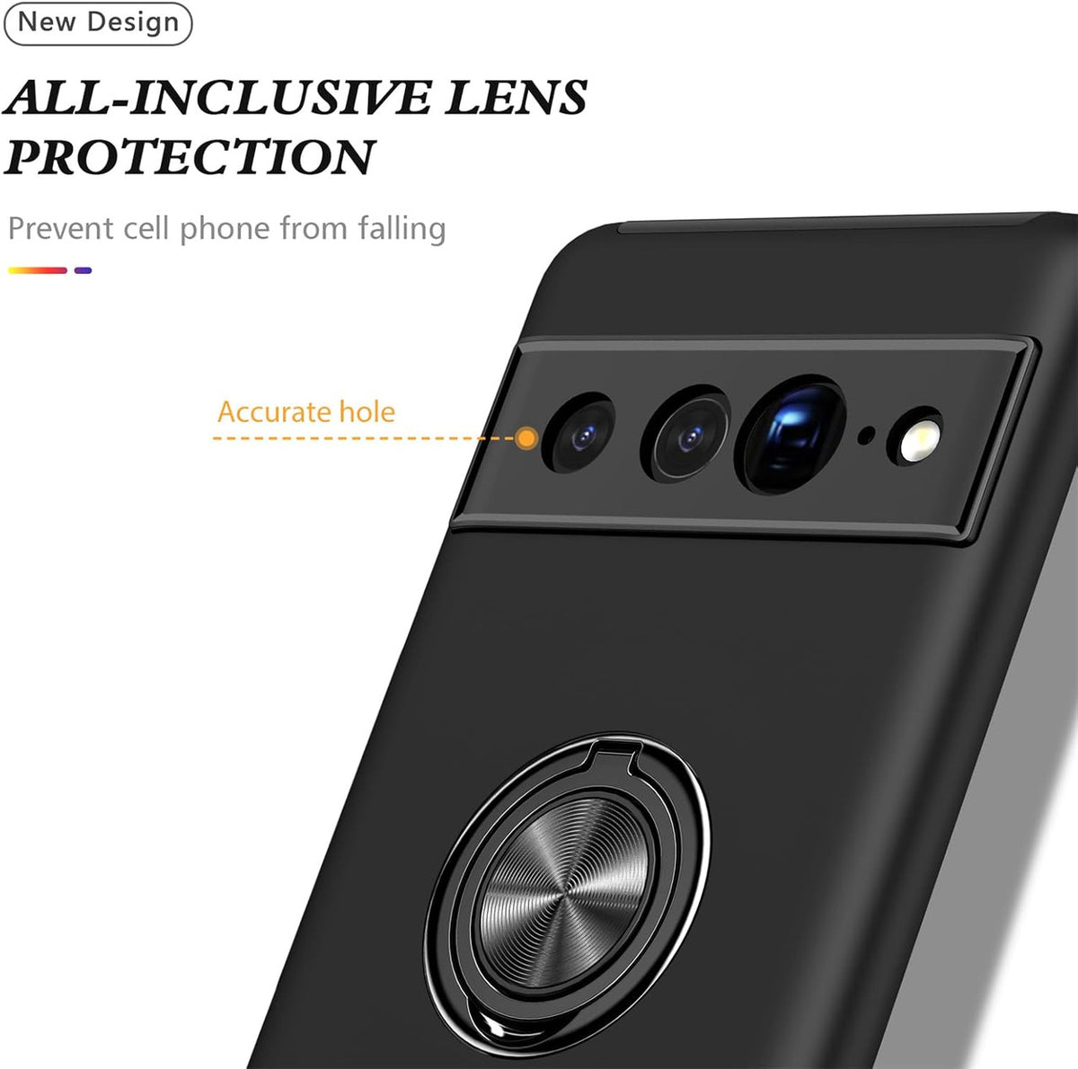 Cover for Google Pixel 7 Pro (6.7 Inches) and 2 Tempered Glass Screen Protector Case with Ring Robust Durable Protective Case - Black