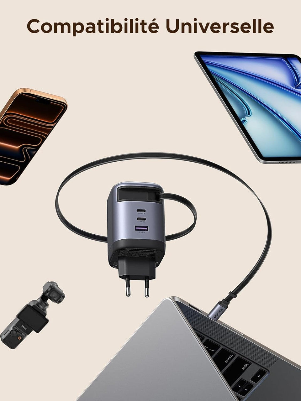 UGREEN Nexode 100W USB C Fast Charger with Built-in Retractable Cable GaNInfinity Compatible with MacBook Pro Air iPhone 17 Pro Max Air 16 Plus 15 14 13 12 Galaxy S25 Ultra S24 S23 Pixel 9 8 iPad