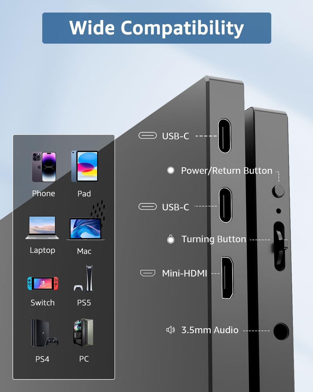 Yodoit Portable Monitor 15.6" FHD 1920x1080P IPS | USB-C & HDMI Connectivity, Built-in Speakers, Smart Cover for Laptop, PC, Mac, PS3/4/5, Xbox