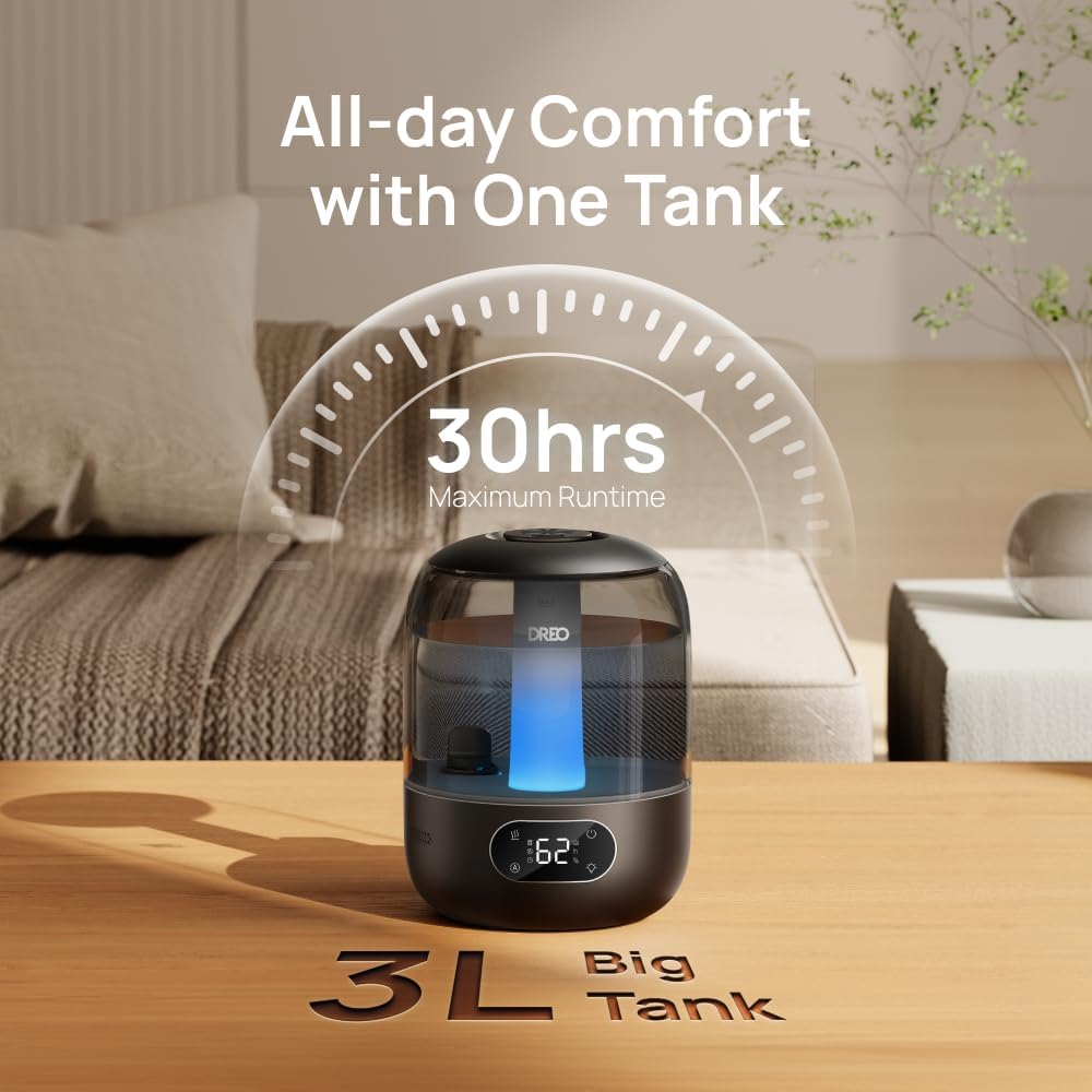 Dreo Humidifier for Bedroom with Sensor, 26dB Quiet Cool Mist Ultrasonic Humidifiers for Home, 360° Nozzle, 30H Runtime, Ambient Light Indicator, Essential Oil Diffuser, Room, Plants, Nursery, Black