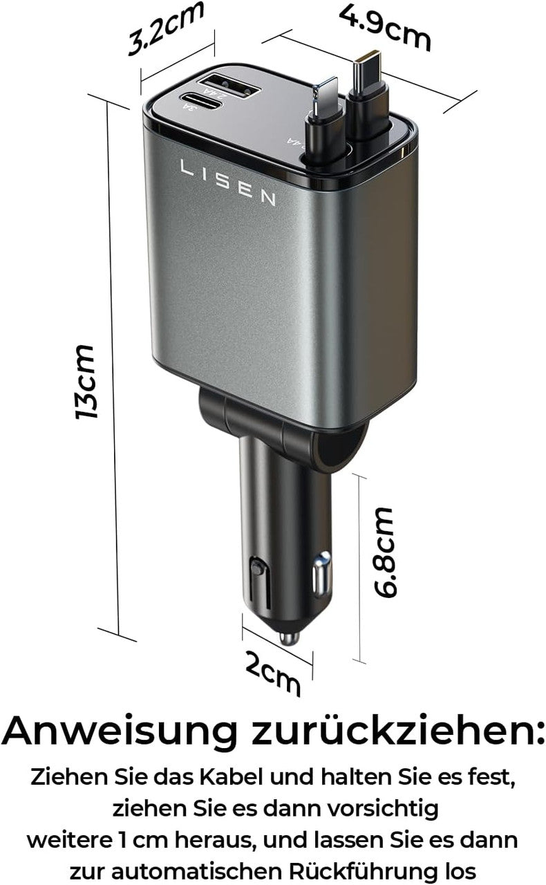 LISEN Retractable Car Phone Charger Cigarette Lighter USB Charger 69W Car Charger USB C Fast Charge Car Accessories Gadgets Christmas for Gifts for Men Women for iPhone 17 Pro Max (Obsidian Matte)