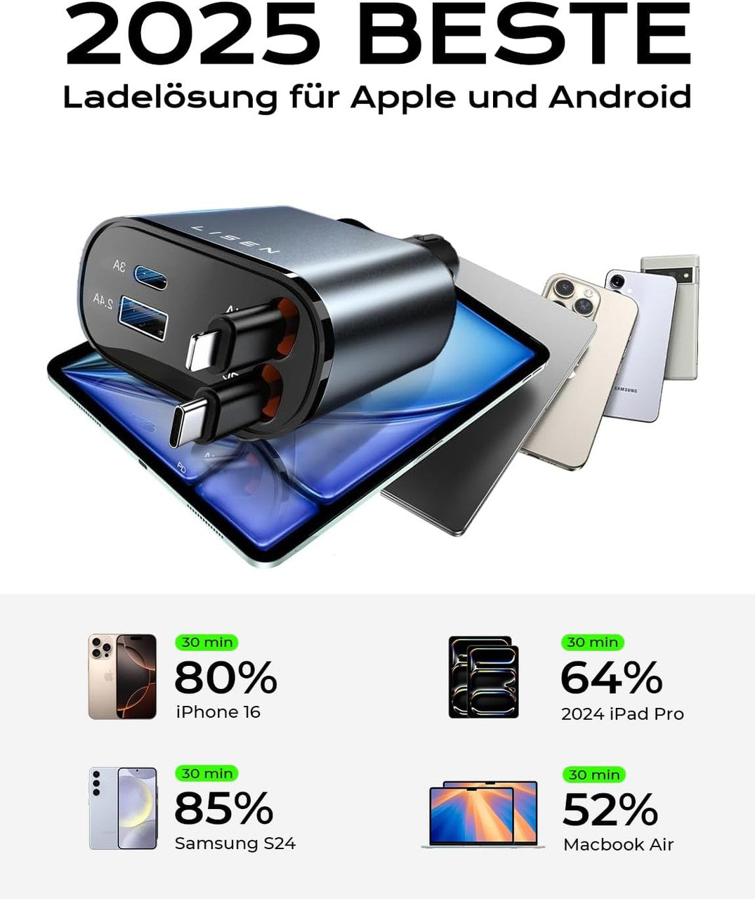 LISEN Retractable Car Phone Charger Cigarette Lighter USB Charger 69W Car Charger USB C Fast Charge Car Accessories Gadgets Christmas for Gifts for Men Women for iPhone 17 Pro Max (Obsidian Matte)