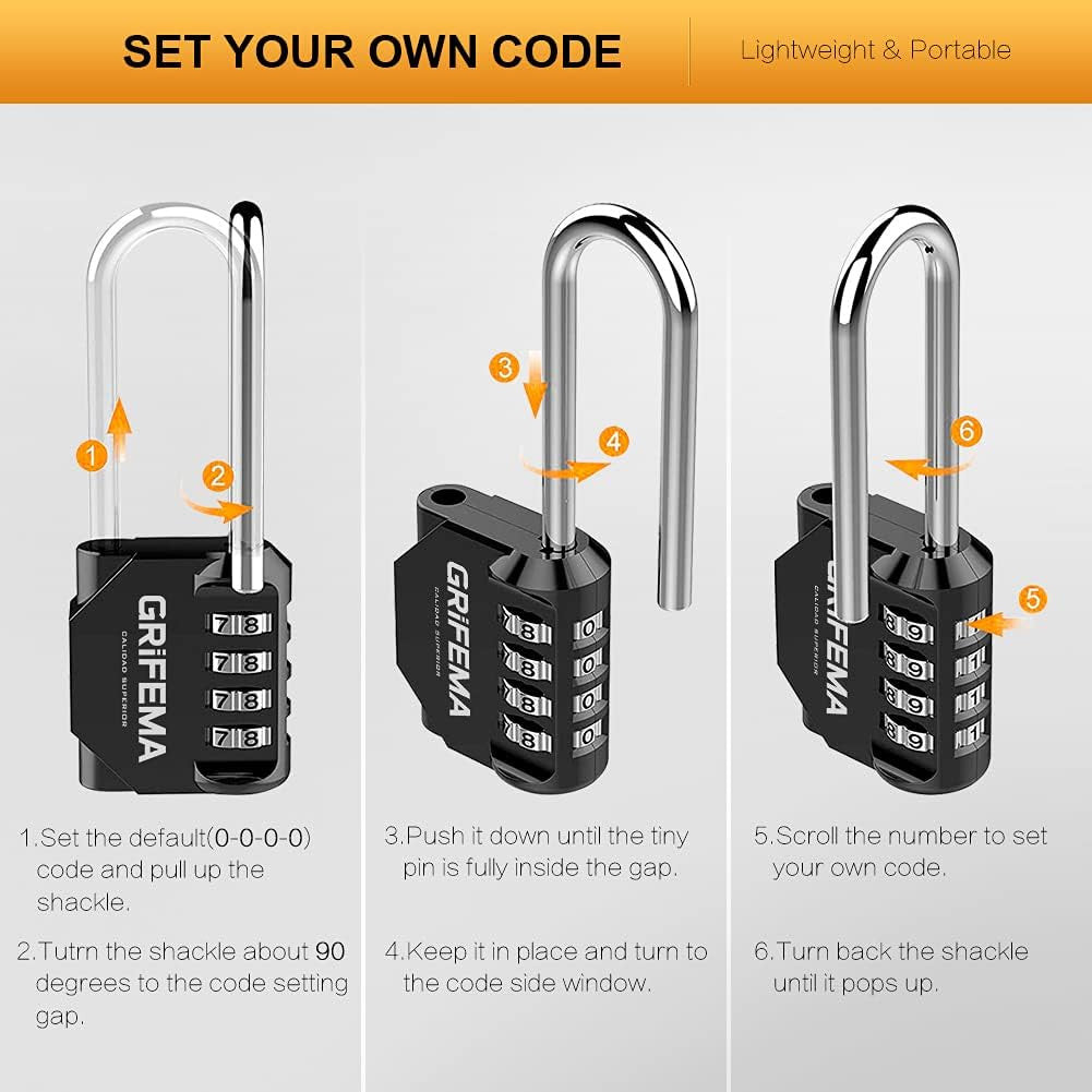 GRIFEMA 2 Pack Combination Lock 4 Digit with Long Shackle - Padlock Weatherproof Frost-Proof Lock with Combination Code Zinc Alloy Robust, Safe, Locks for Locker, Garage, Gate, School, Suitcase
