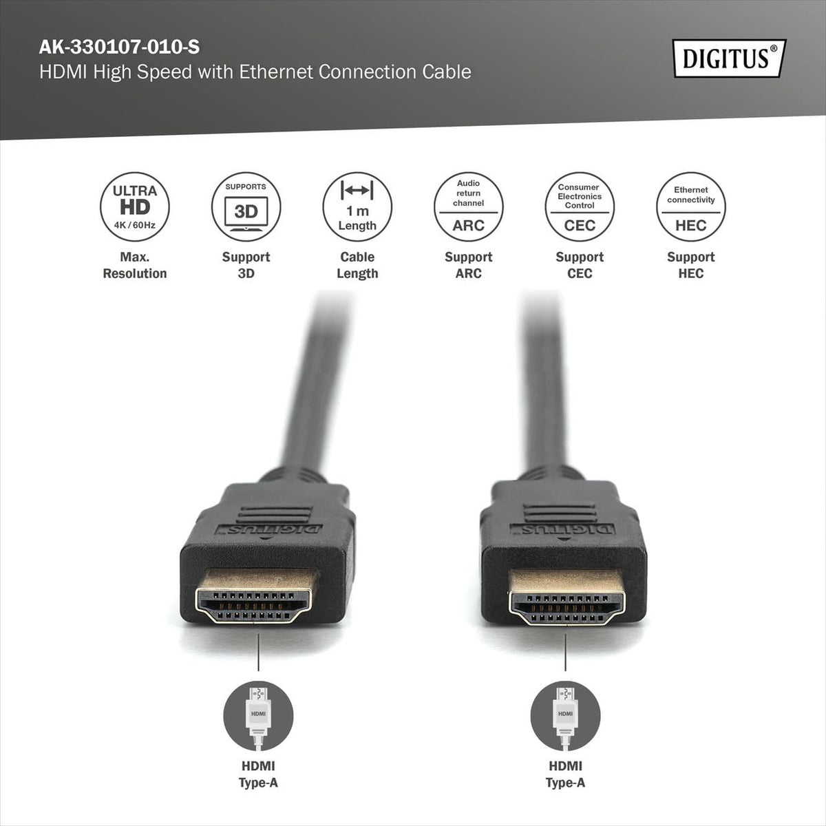 DIGITUS HDMI High Speed Connection Cable Type A HDMI 2.0 1m Ultra HD 4k/60Hz Gold Plated Contacts Compatible with TV/Beamer/Monitor Black