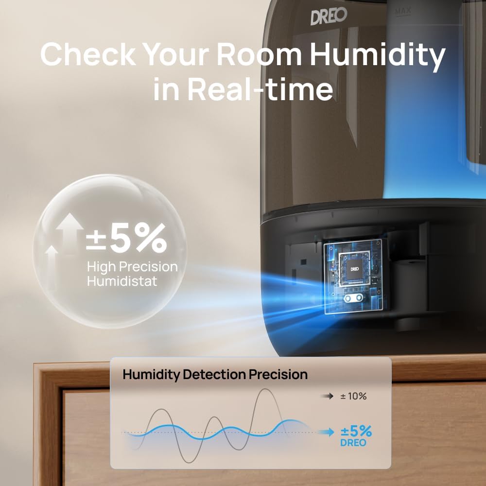 Dreo Humidifier for Bedroom with Sensor, 26dB Quiet Cool Mist Ultrasonic Humidifiers for Home, 360° Nozzle, 30H Runtime, Ambient Light Indicator, Essential Oil Diffuser, Room, Plants, Nursery, Black