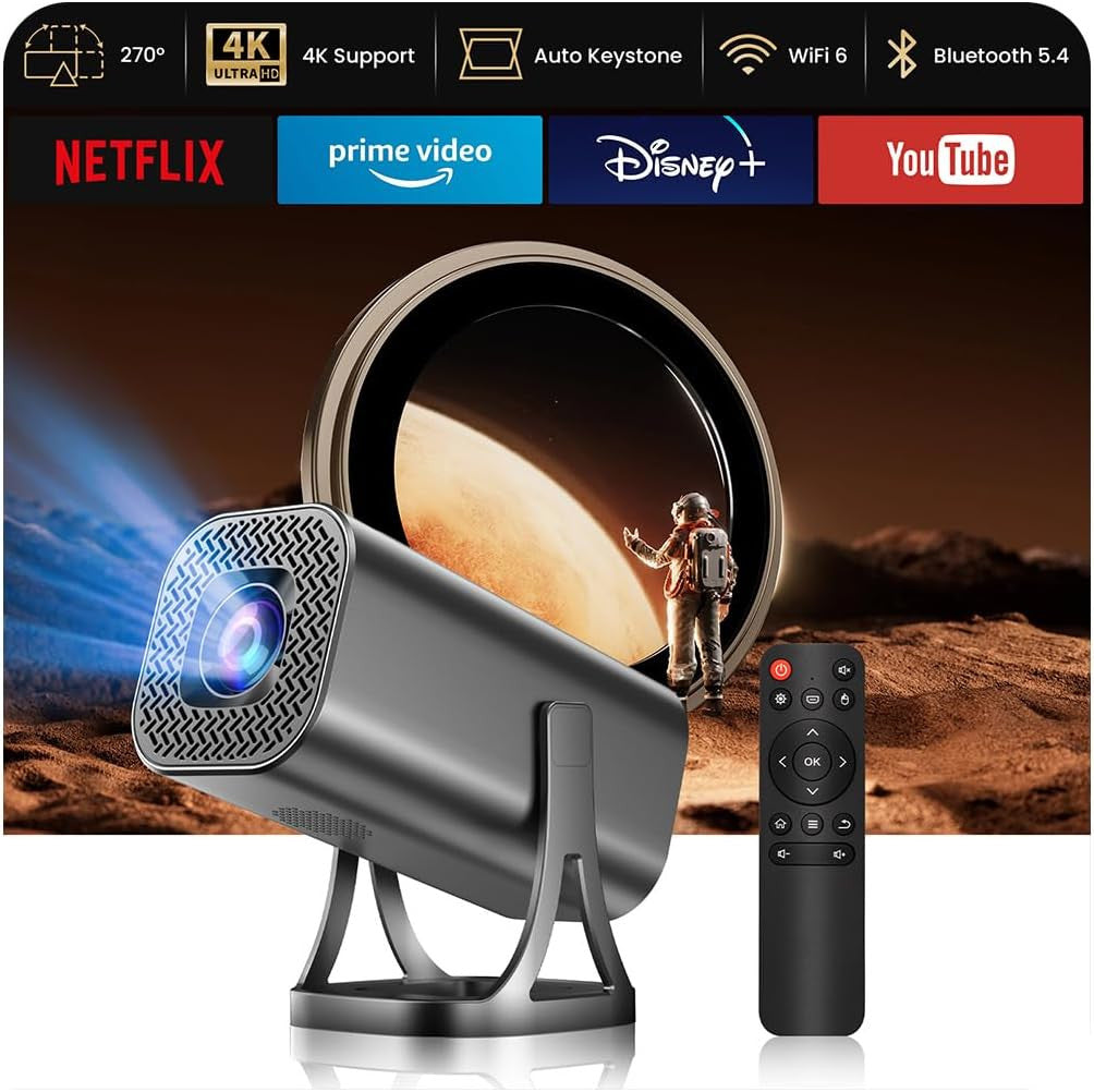 Mini Projector 4K 1080P Support, Mini Projector 22000L with Android 12.0, WiFi 6 and Bluetooth 5.4, Home Cinema Smart Projector with Car Keystone Mobile Phone 270° Rotation for PC/HDMI/USB/TF Card
