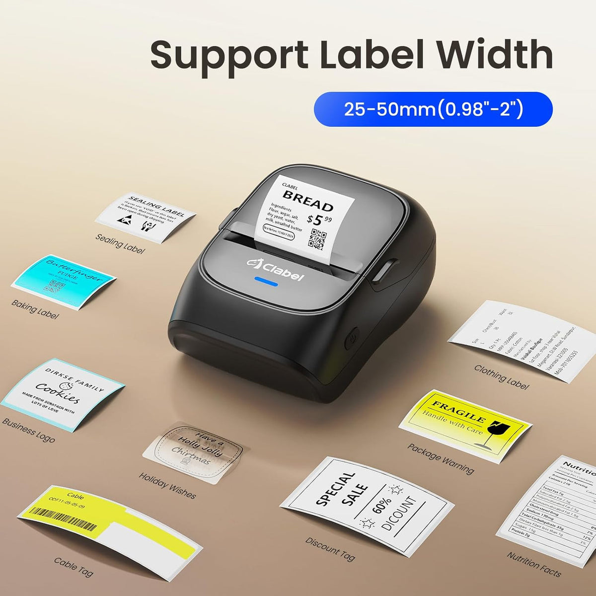 CLABEL Portable Thermal Label Printer: 221B Bluetooth Barcode Printer 2 Inch Wireless Label Maker Machine Compatible with iOS & Android for Small Business with 1 Roll 40x30mm