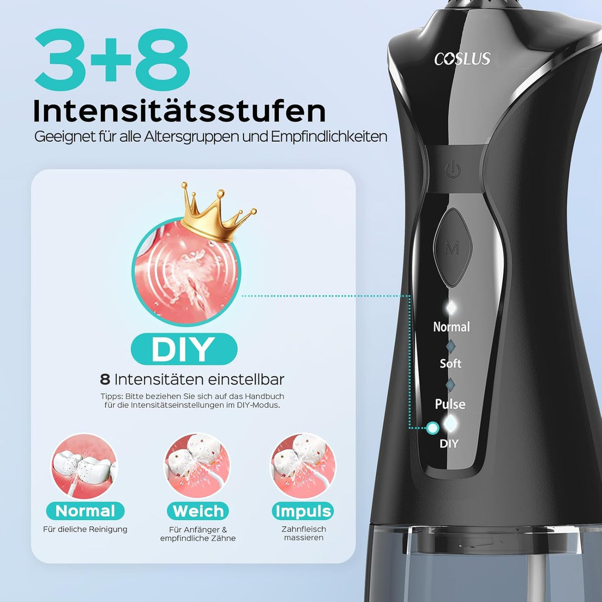 COSLUS Oral Irrigator Wireless Electric Tooth Cleaner: 4 Modes Oral Irrigator Wireless 300 ml Water Tank Oral Irrigator Quick Charge for 30 Days Battery Life Interdental Cleaner