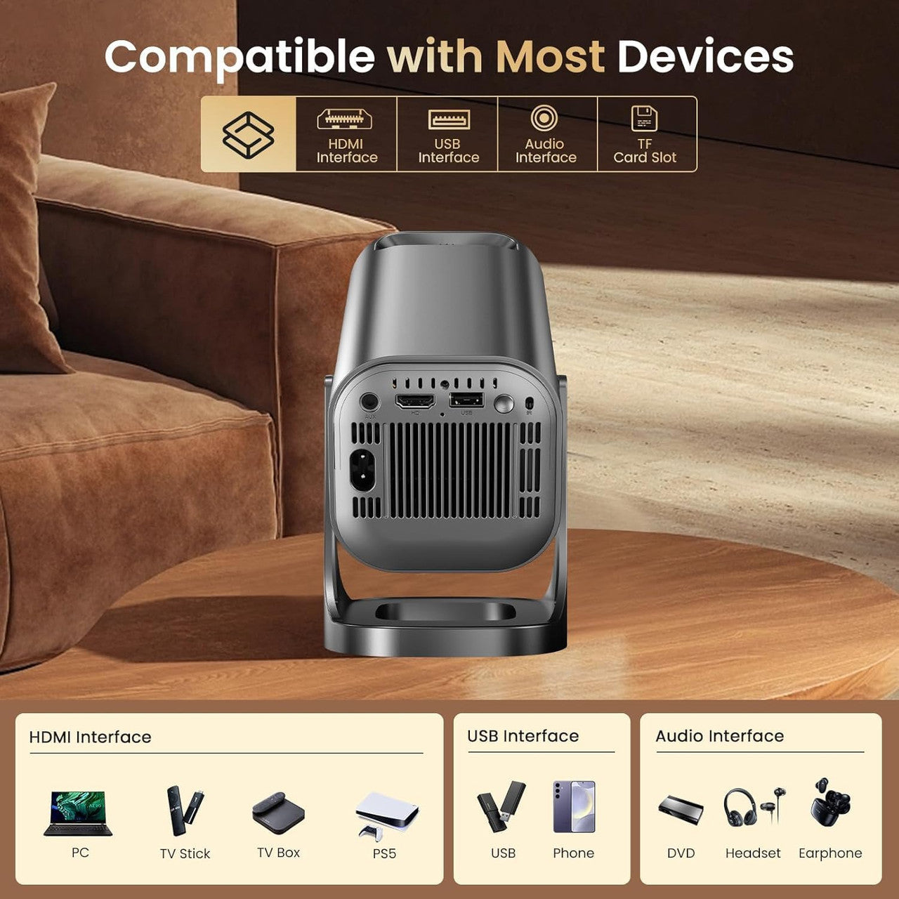 Mini Projector 4K 1080P Support, Mini Projector 22000L with Android 12.0, WiFi 6 and Bluetooth 5.4, Home Cinema Smart Projector with Car Keystone Mobile Phone 270° Rotation for PC/HDMI/USB/TF Card