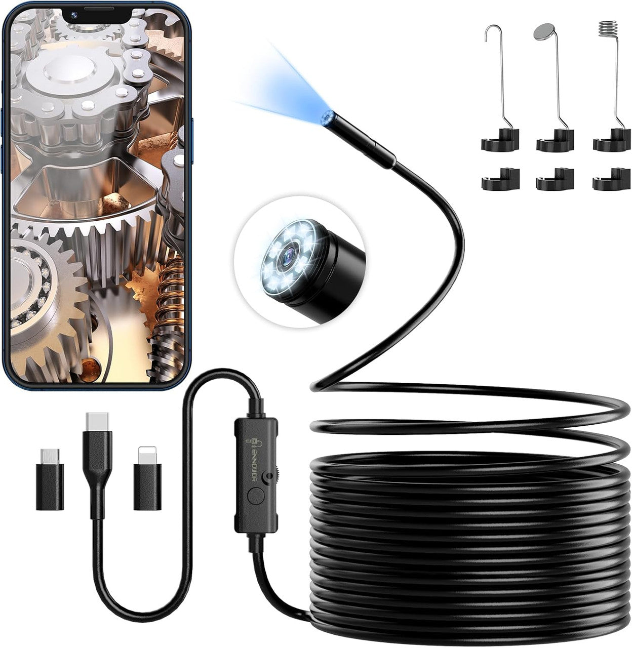 Endoscope Inspection Camera, Ennovor 1920 HD Flexible Rigid Snake Probing Tool, 8 LED Lights No WiFi Snake,Waterproof IP67 Tube Sink Pipe Drain Camera for Android iOS Tablet Samsung (16.4 ft/ 5m)