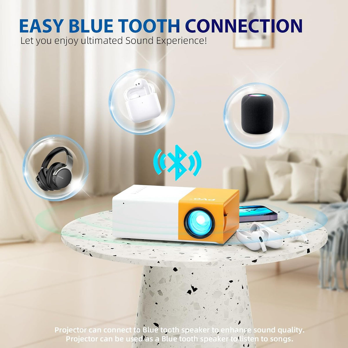 PVO Mini Projector Portable for Cartoon, Outdoor Video Projectors, LED Pico Movie Projectors for Home Theater, Kids Gift, Smartphone Can Directly Mirror to The Projector via Data Cable