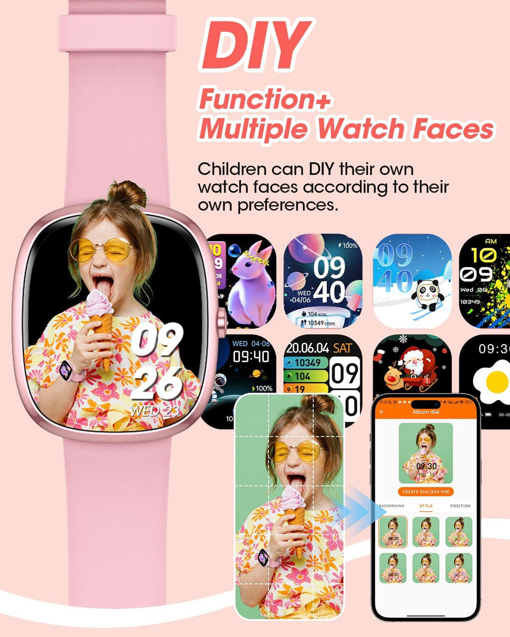 TotsyFun Children's Smartwatch for Boys and Girls, IP68 Waterproof Fitness Activity Tracker Watch, Heart Rate, Sleep Monitor, Pedometer, Alarm Clock, Children's Gifts for Teenagers from 5 Years, Pink