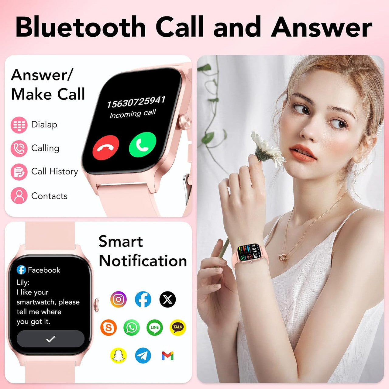CASCHO Smartwatch Men Women Smart Watch with 4.6 cm 1.85 Inch Touch Screen IP68 Waterproof Smart Watches for Android iOS (Light Pink, Rose Gold)