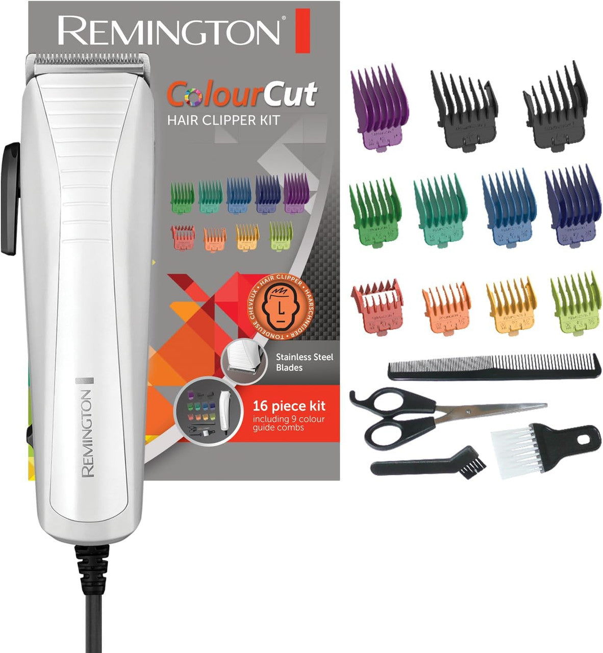 Remington Colour Cut Hair Clippers Kit (Corded, Stainless Steel Self-Sharpening Blades, Comfort Tip Blades, Taper Lever (0.5-2mm), 9 Colour Coded Combs (1.5-25mm), Scissors & Comb)
