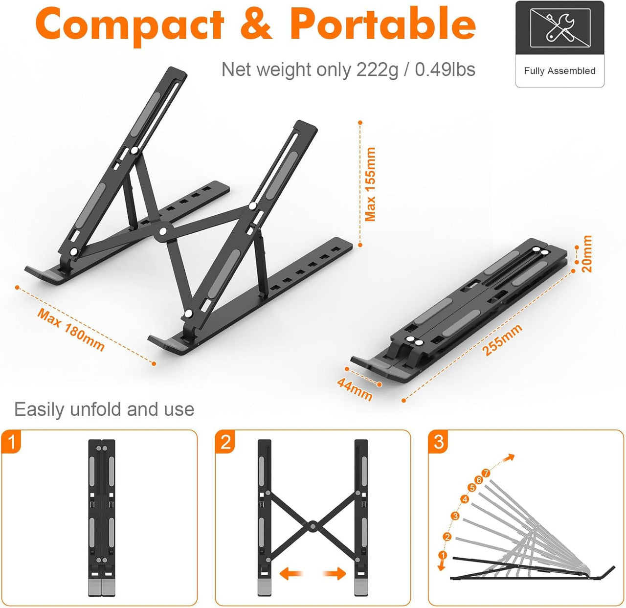 GRIFEMA GB1054B Black Laptop Stand for Desk, Adjustable Laptop Riser, Portable Laptop Stand with 6 Angle Adjustment for 10”-17.3” Laptops, Tablets