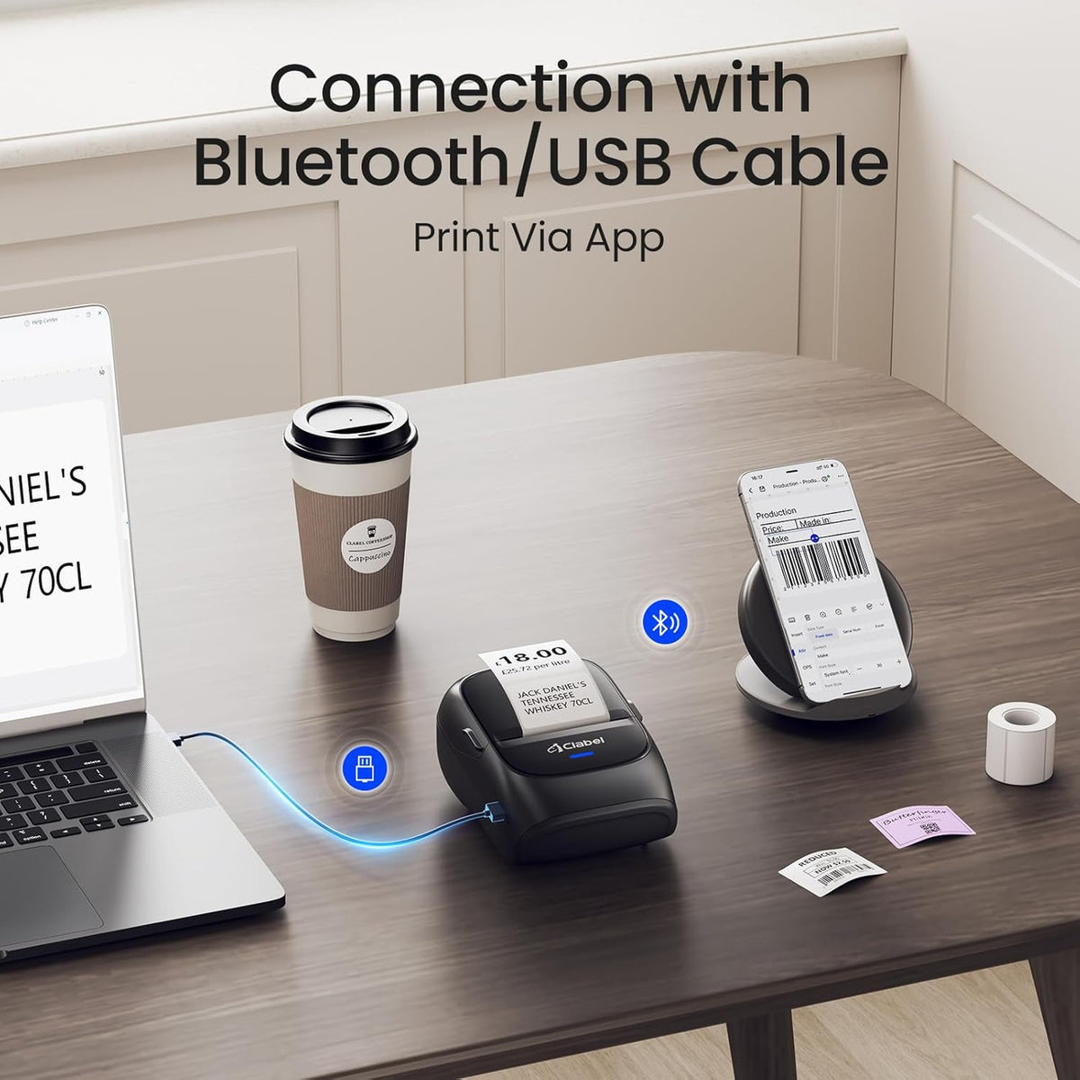 CLABEL Portable Thermal Label Printer: 221B Bluetooth Barcode Printer 2 Inch Wireless Label Maker Machine Compatible with iOS & Android for Small Business with 1 Roll 40x30mm