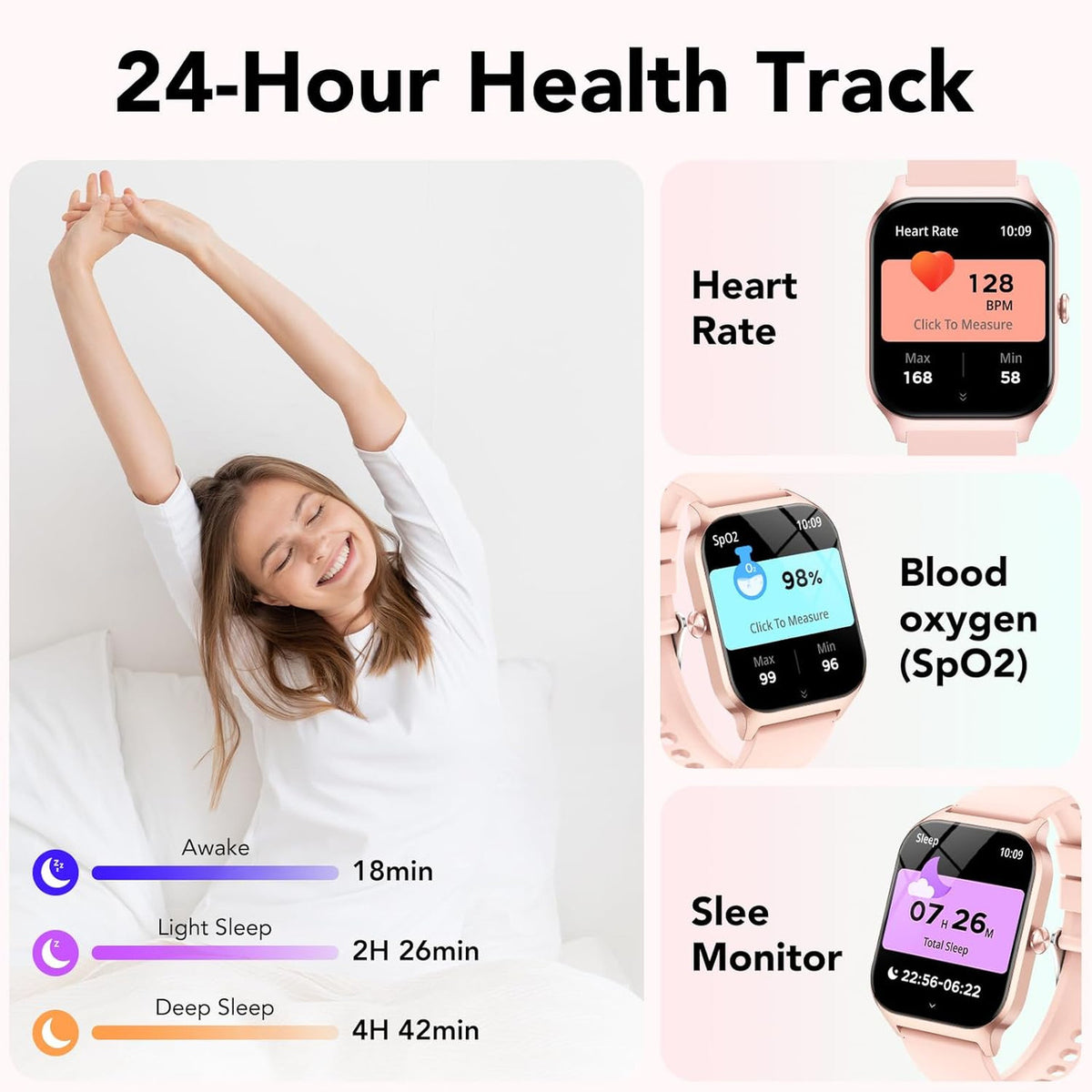 CASCHO Smartwatch Men Women Smart Watch with 4.6 cm 1.85 Inch Touch Screen IP68 Waterproof Smart Watches for Android iOS (Light Pink, Rose Gold)