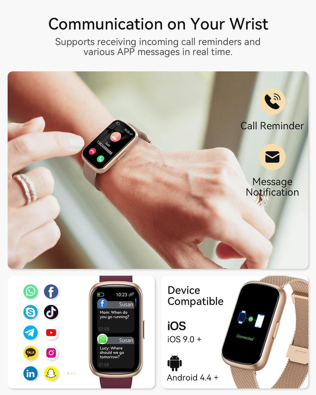 RUXINGX Women's Smartwatch, 1.47 Inch Fitness Watch with 24 Sports Modes, 24H Heart Rate Monitor, SpO2, Sleep Monitor, Menstrual Cycle, IP68 Waterproof Sports Watch, Pedometer with WhatsApp for