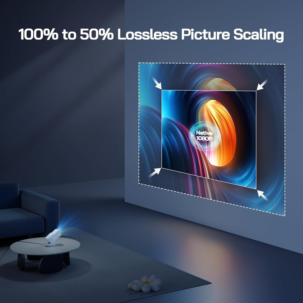 WOLFANG 4K Mini Projector【Built-in Apps/Official Netflix】, 26000 Lumen WiFi 6 Portable Projector with 50% Zoom, 180° Rotatable Smart Home Projector Compatible with TV Stick/iOS/Android/PC/PS5/HDMI/AV