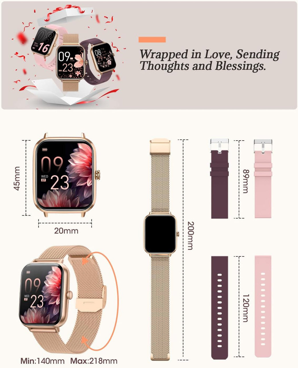 RUXINGX Women's Smartwatch with Calls, 1.83 Inches Smartwatch with 3 Straps, Female Physiology Sleep Heart Rate Monitor SpO2 IP68, 20+ Sport