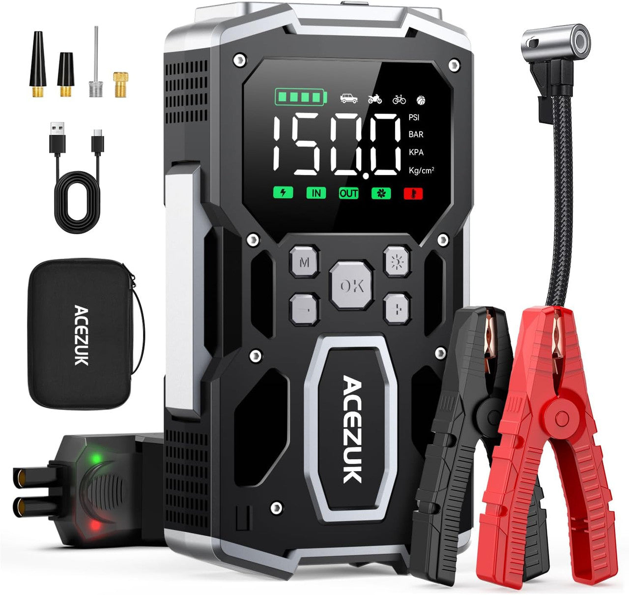 ACEZUK Car Battery Starter, 7000 A & 150 PSI Car Jump Starter with Portable Air Compressor (All Gas or 10.0L Diesel) 12 V Jump Start,2 Lights/3.4 Inch LCD Display
