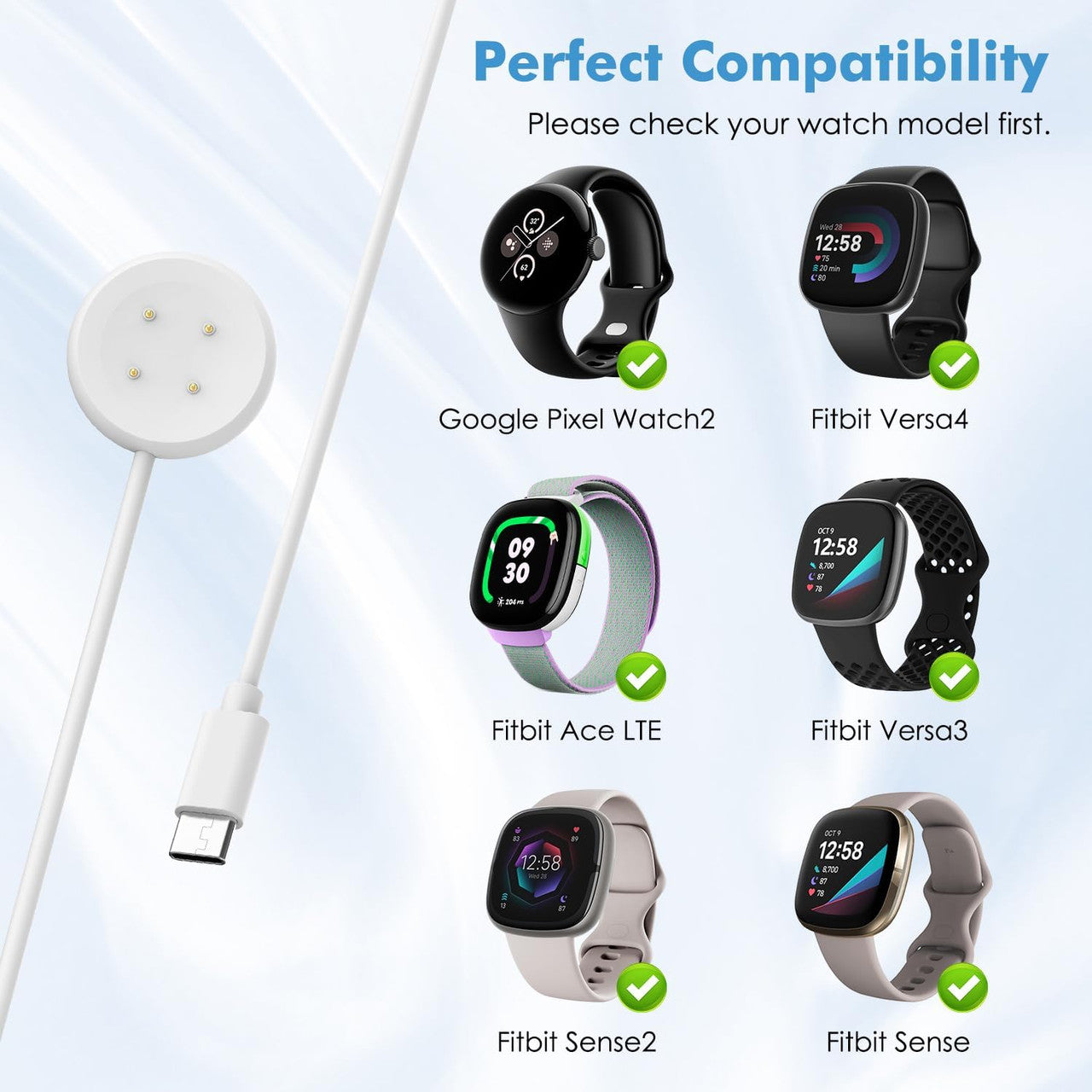 Charger Compatible with Google Pixel Watch 3/Pixel Watch 2, Magnetic Charging Dock with 3.3FT/1M USB-C Charging Cable Cord for Fitbit Ace LTE/Versa 4/Versa 3/Sense 2/Sense, White