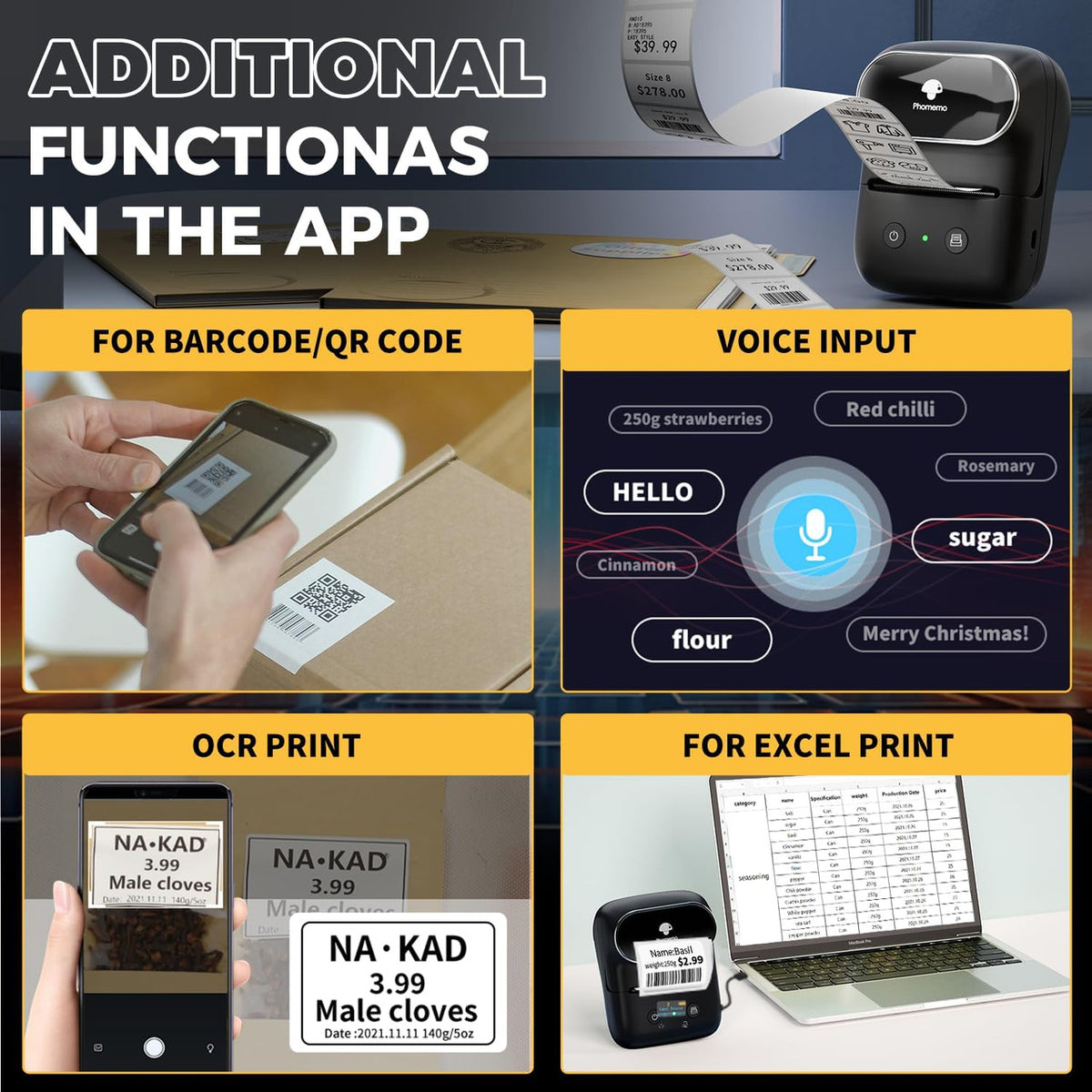 Phomemo M108 Label Printer, Bluetooth Label Printer, Self-Adhesive Thermal Labeling Device, Portable Label Printer for Barcode, Retail, Office, Compatible with Phones and PC System - Black