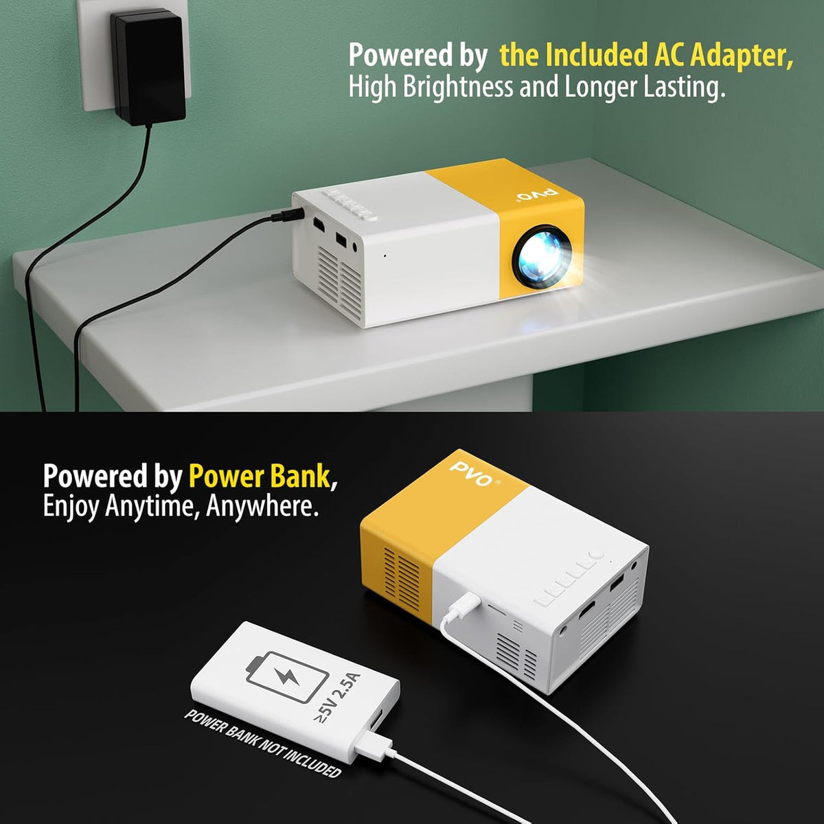 PVO Mini Projector Portable for Cartoon, Outdoor Video Projectors, LED Pico Movie Projectors for Home Theater, Kids Gift, Smartphone Can Directly Mirror to The Projector via Data Cable