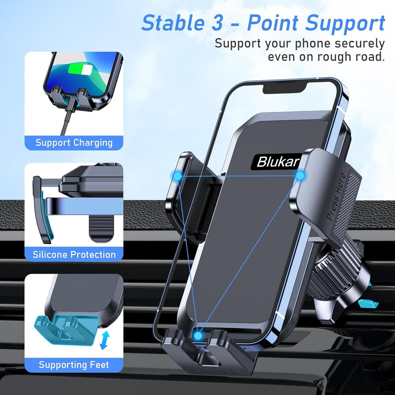 Blukar Car Phone Holder, Air Vent Car Phone Mount Cradle for 360° Rotation, Upgraded Ultra Stable Hook Clip - One Button Release Function for iPhone, Galaxy All 4.0''-7.0'' Smartphones