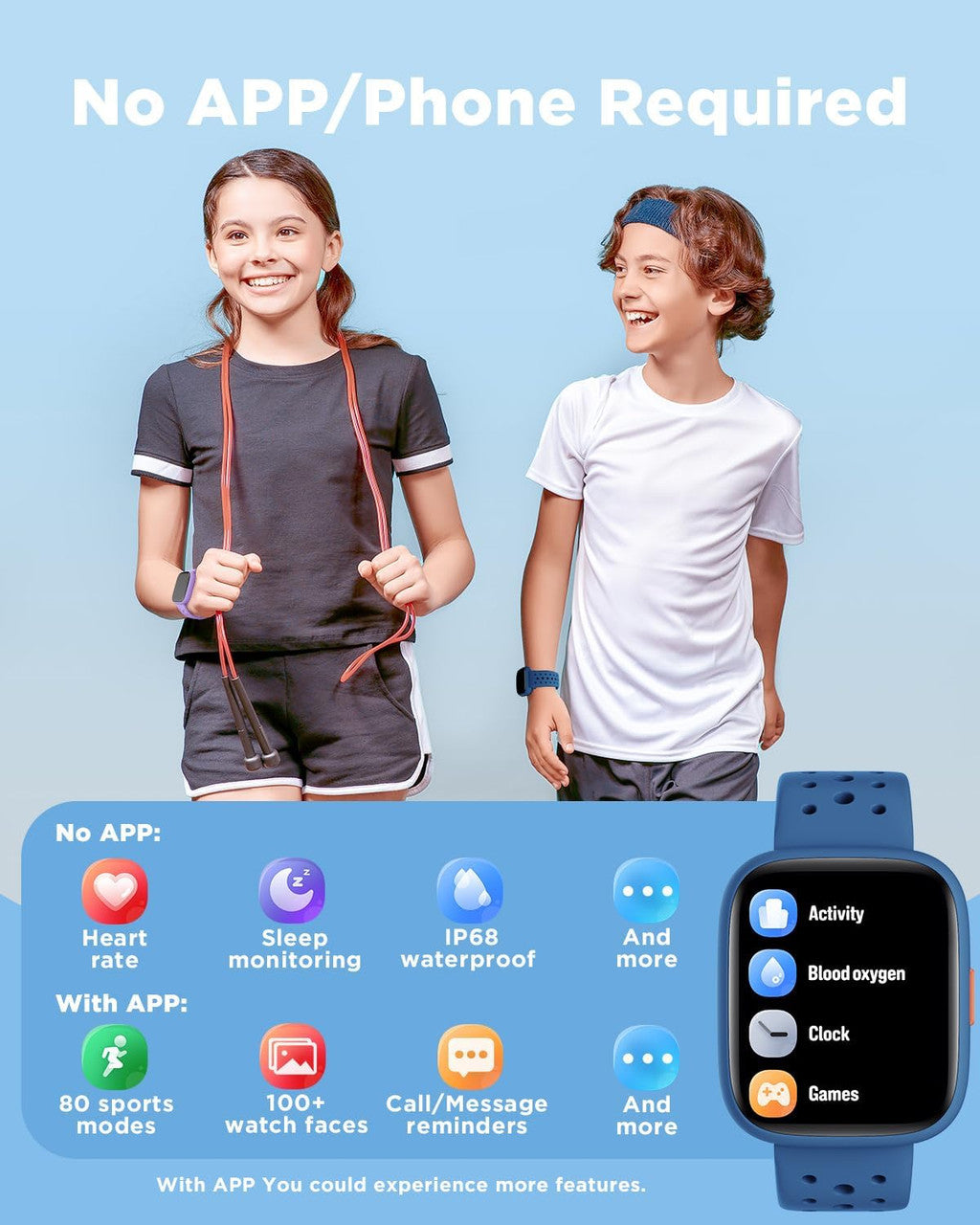 BIGGERFIVE Kids Smart Watch, 1.8" Fitness Watch Pedometer, Heart Rate, Sleep Tracker, IP68 Waterproof, Calorie Step Counter, Puzzle Games with/without APP for Girls Boys Teens 5-16, Blue
