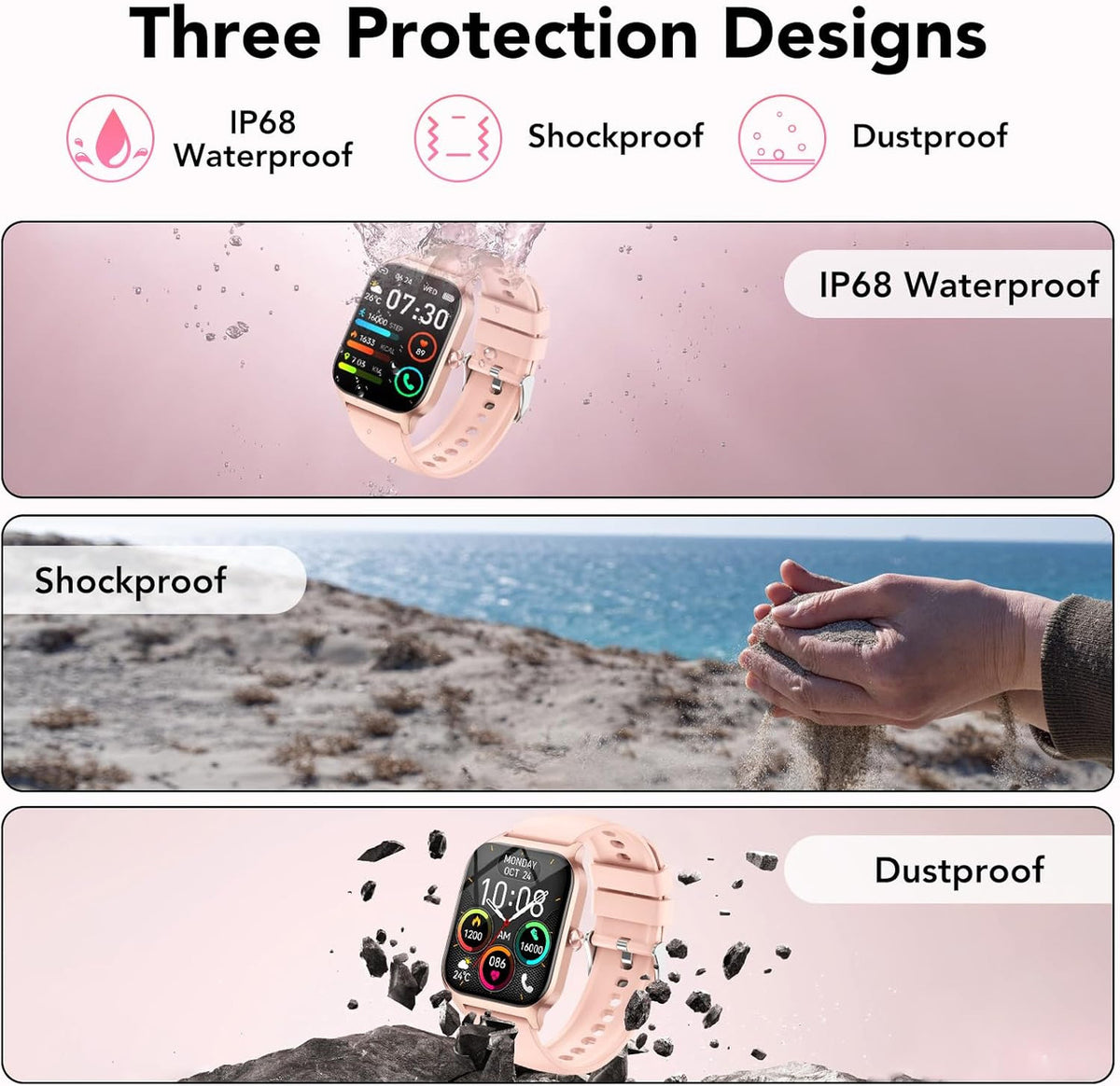 CASCHO Smartwatch Men Women Smart Watch with 4.6 cm 1.85 Inch Touch Screen IP68 Waterproof Smart Watches for Android iOS (Light Pink, Rose Gold)