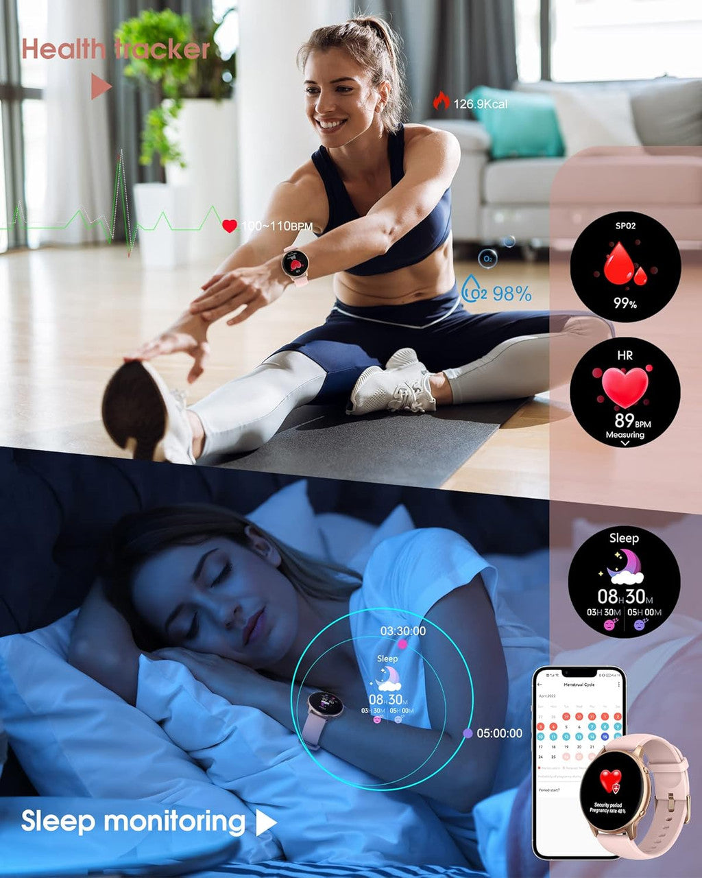 TUYOMA Women's Smart Watch – 1.32 Inch HD Smartwatch for Women, IP68 Waterproof Watch, DIY Dial, Oximeter, Sleep Monitor, Heart Rate Monitor, Pedometer, for Android iOS