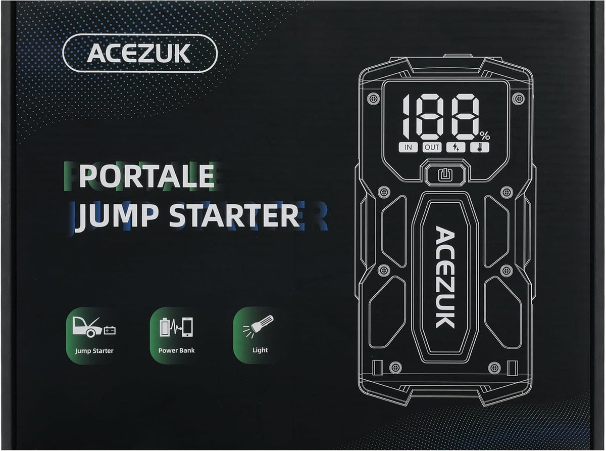 ACEZUK Jump Starter with Display (M01) (Compatible with up to 7.0L Gasoline and 5.5L Diesel Vehicles), 12 V Car Engine Starter, Emergency Start Car, Power Bank Function, LED Light Included