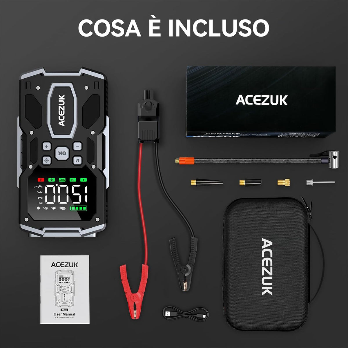 ACEZUK Car Battery Starter M03 , 7000 A & 150 PSI Car Jump Starter with Portable Air Compressor (All Gas or 10.0L Diesel) 12 V Jump Start,2 Lights/3.4 Inch LCD Display