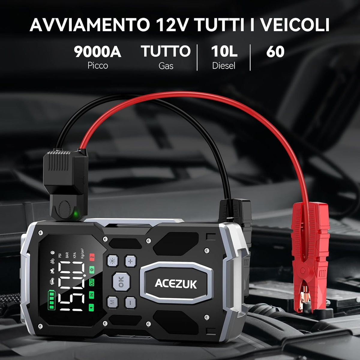 ACEZUK Car Battery Starter M03 , 7000 A & 150 PSI Car Jump Starter with Portable Air Compressor (All Gas or 10.0L Diesel) 12 V Jump Start,2 Lights/3.4 Inch LCD Display