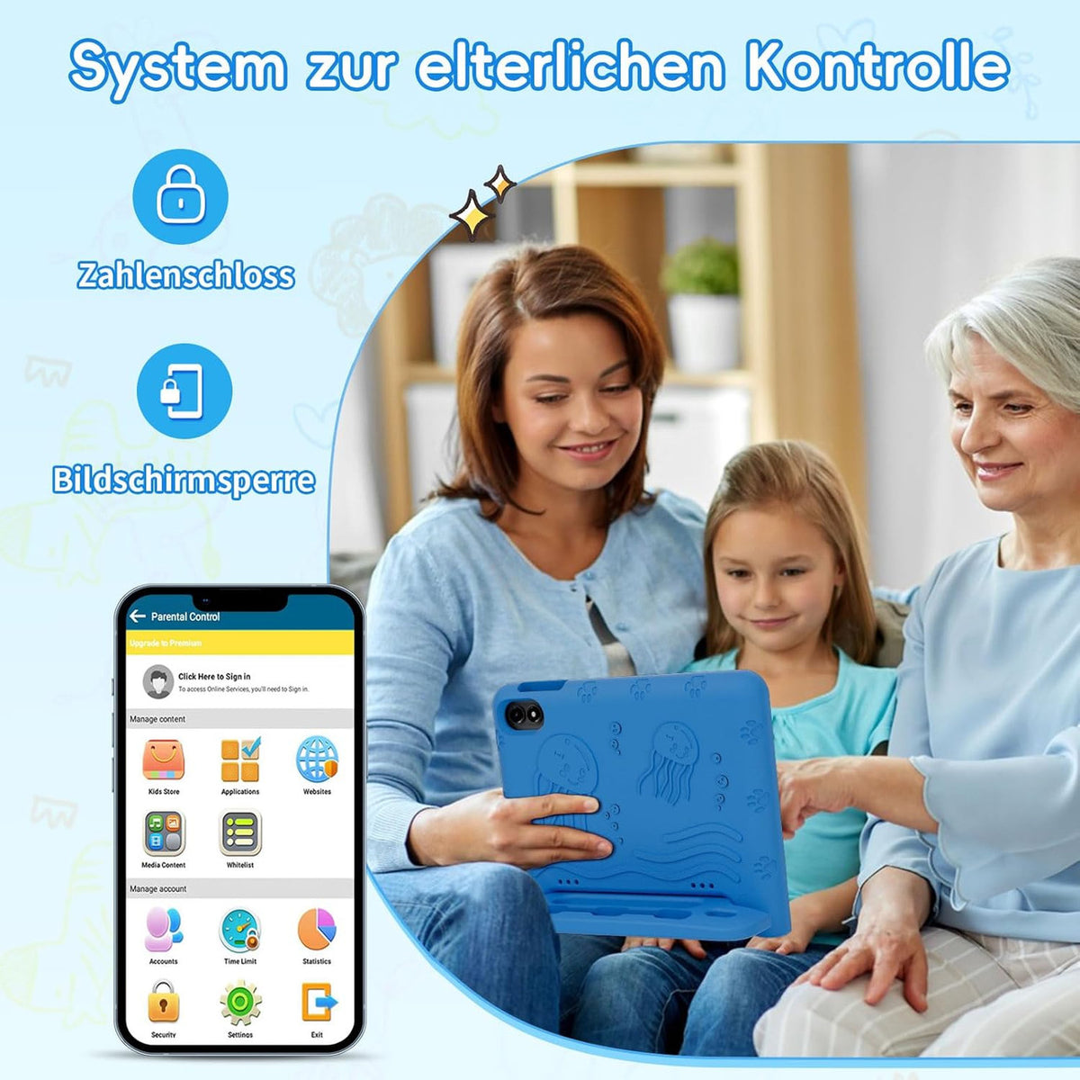 JIKOCXN Children's Tablet, 10 Inch Android 14 Tablets, Octa Core Tablet for Children, 10 GB RAM + 64 GB ROM, 1280 x 800 LCD Touchscreens, 6000 mAh, WiFi 5, BT5.0, Dual Camera, GPS (Blue)