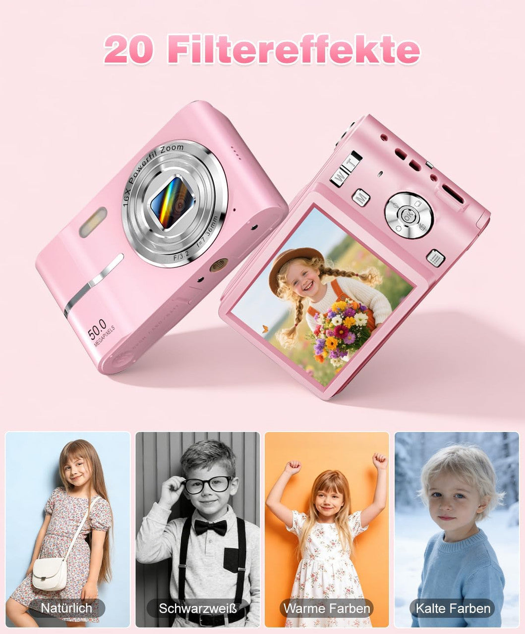 Digital Camera 50MP Photo Camera 1080P Video Camera with 16X Digital Zoom, 2.4 Inch Screen Vlogging Camera Mini Compact Camera for Children Teenagers 8G Card (Pink)