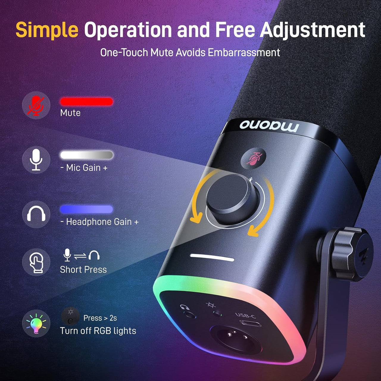 MAONO USB/XLR Gaming Mic for Streaming, Podcasting, and Studio Recording, Dynamic Microphones with Dual Noise Cancellation, Software, RGB, and Mute Button for PC, PS4/PS5, Mixers (PD100X Black)