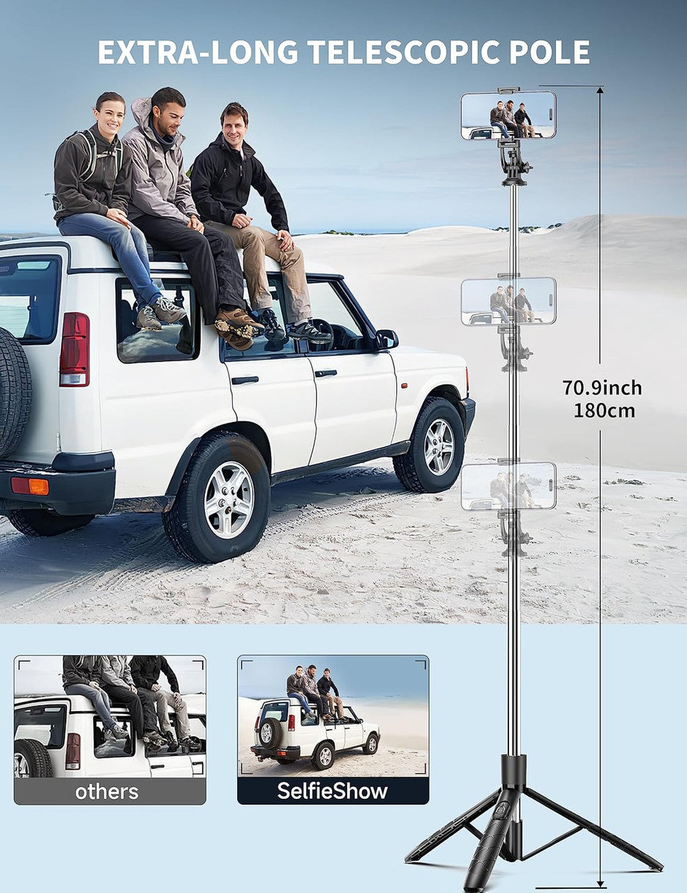 SelfieShow 180 cm Mobile Phone Tripod Stand & Selfie Stick, Universal Phone Holder with Wireless Remote, Black, Compatible with iPhone, Samsung, Huawei & More, Stainless Steel, Cell Phone Tripod