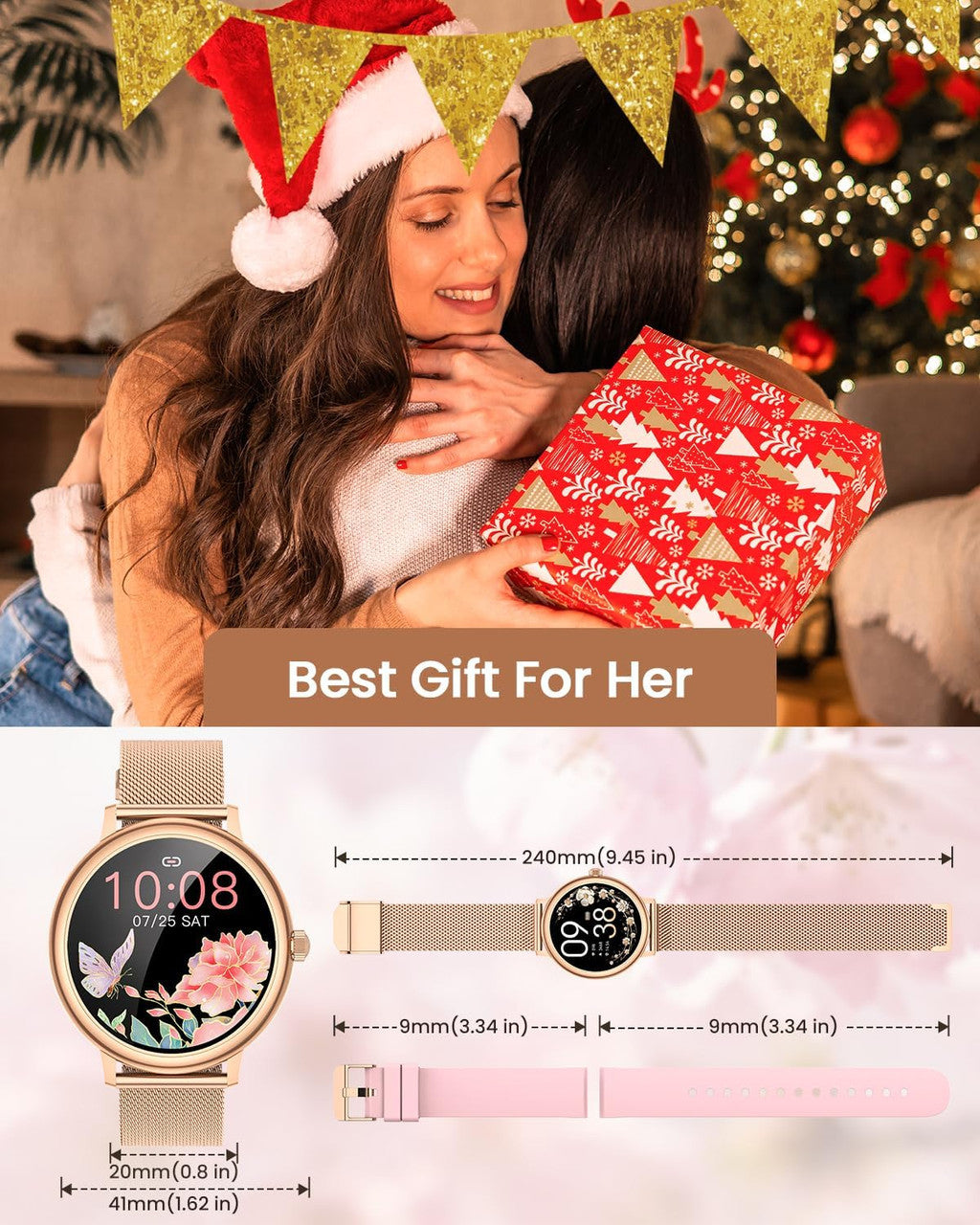 RUXINGX Women's Smart Watch G58, Round Elegant 1.19-Inch AMOLED Touch Screen, Smartwatch with Calls, Female Function, 120+ Sports Heart Rate Monitor SpO2 Sleep Pedometer Android iOS Christmas Gift Gold