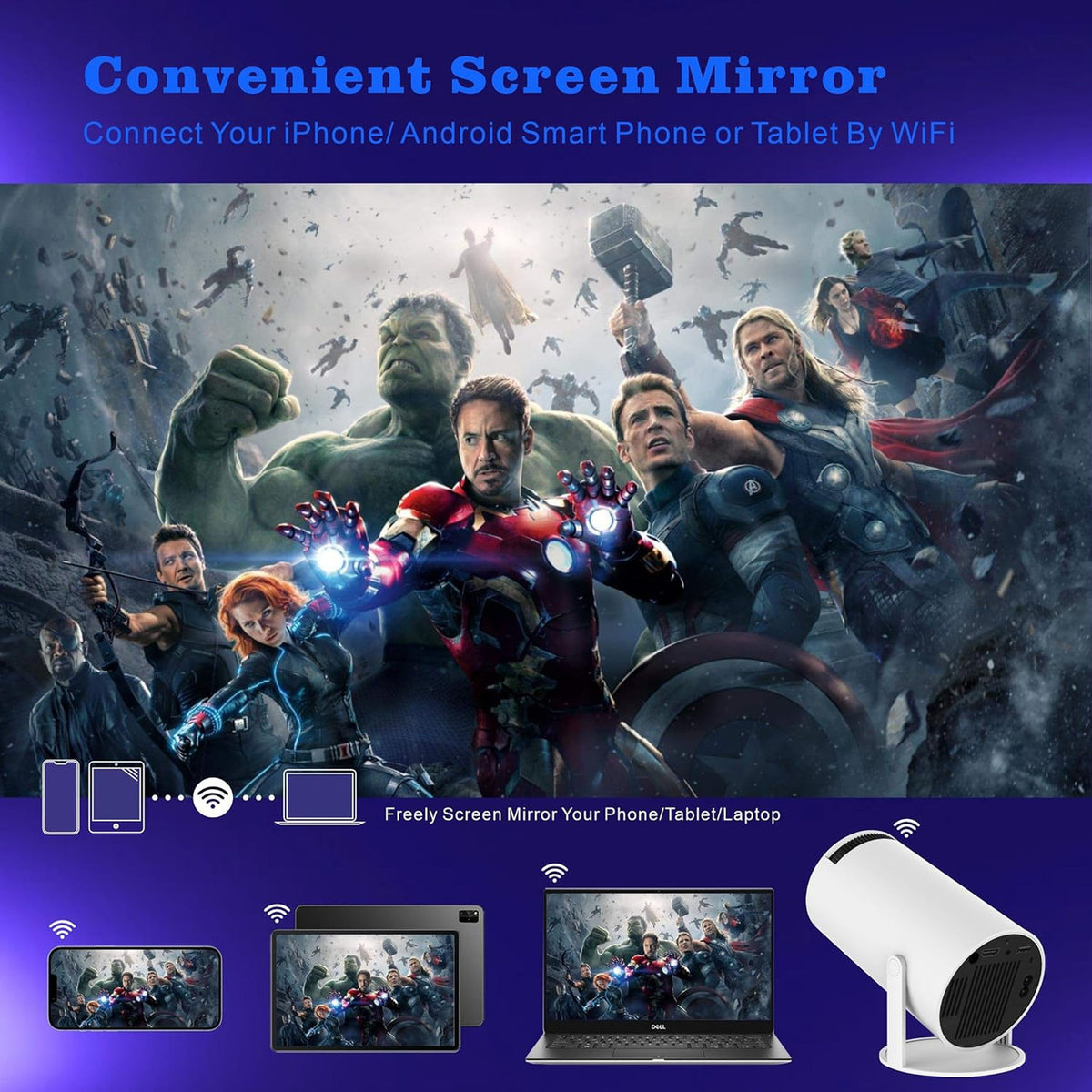 Mini Portable Projector, 180 Degree Flip, Round Design, Built-in Android Home Cinema Projector