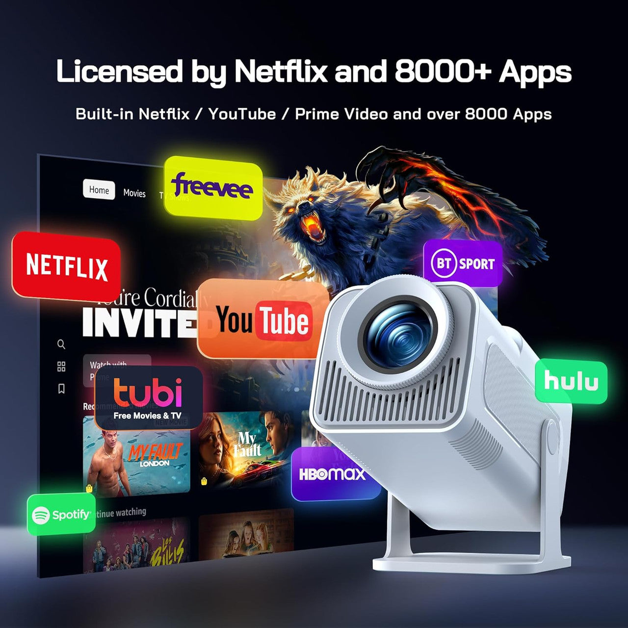WOLFANG 4K Mini Projector【Built-in Apps/Official Netflix】, 26000 Lumen WiFi 6 Portable Projector with 50% Zoom, 180° Rotatable Smart Home Projector Compatible with TV Stick/iOS/Android/PC/PS5/HDMI/AV
