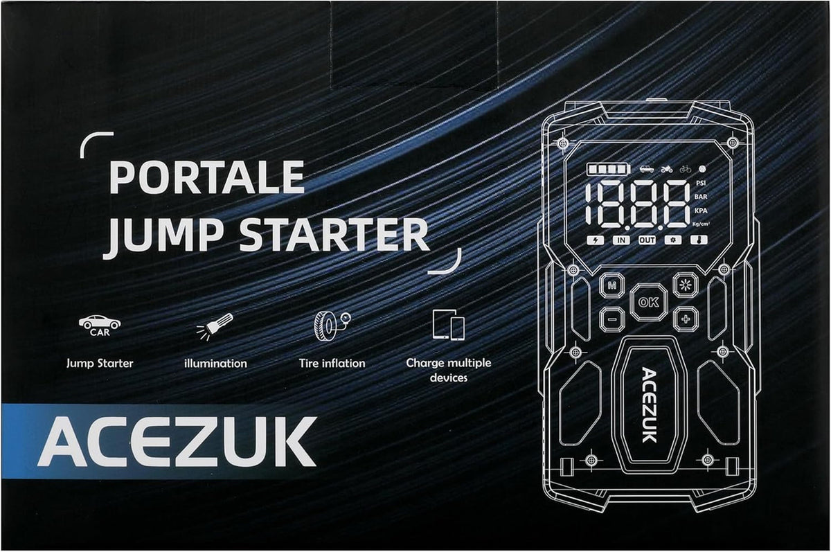 ACEZUK Car Battery Starter M03 , 7000 A & 150 PSI Car Jump Starter with Portable Air Compressor (All Gas or 10.0L Diesel) 12 V Jump Start,2 Lights/3.4 Inch LCD Display